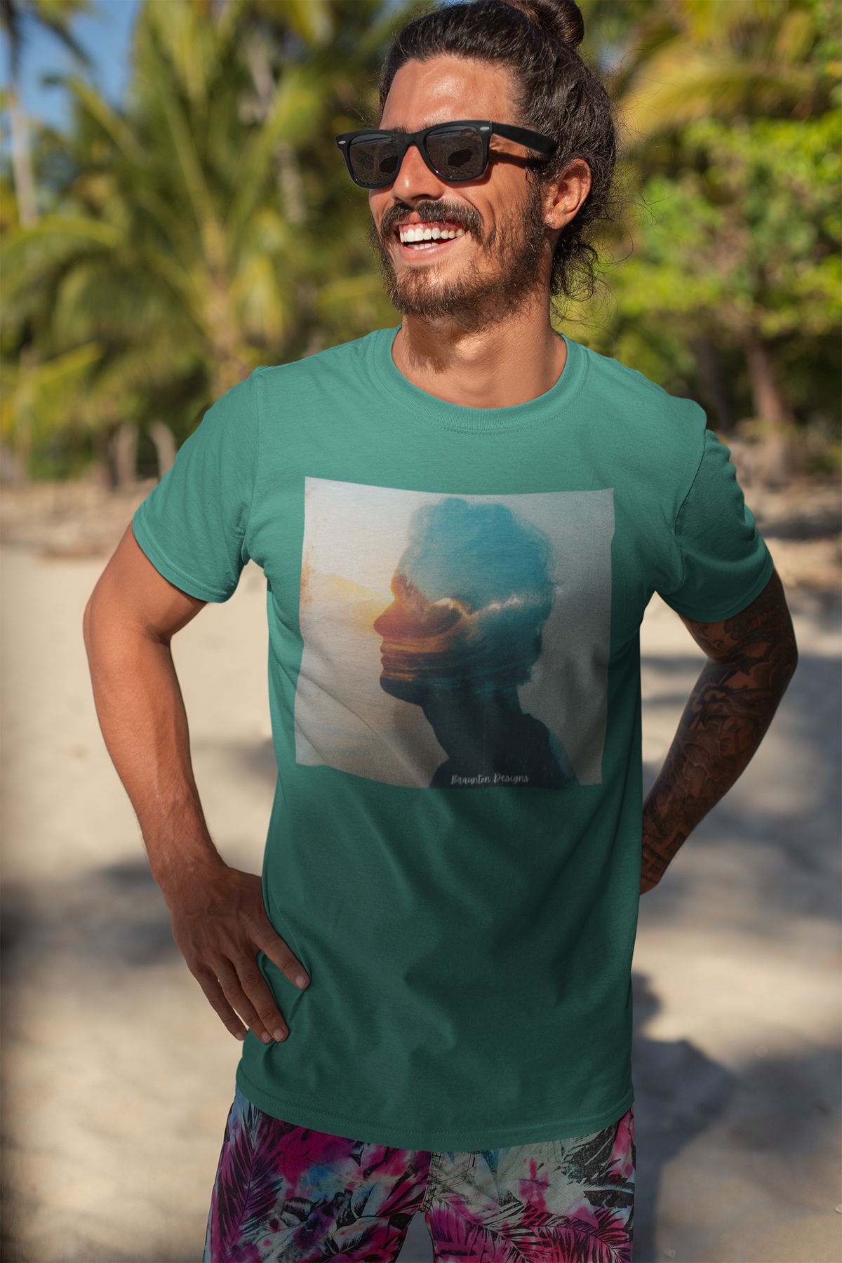 Surfer Double Exposure Tee — Ocean Sunset Silhouette T-Shirt
