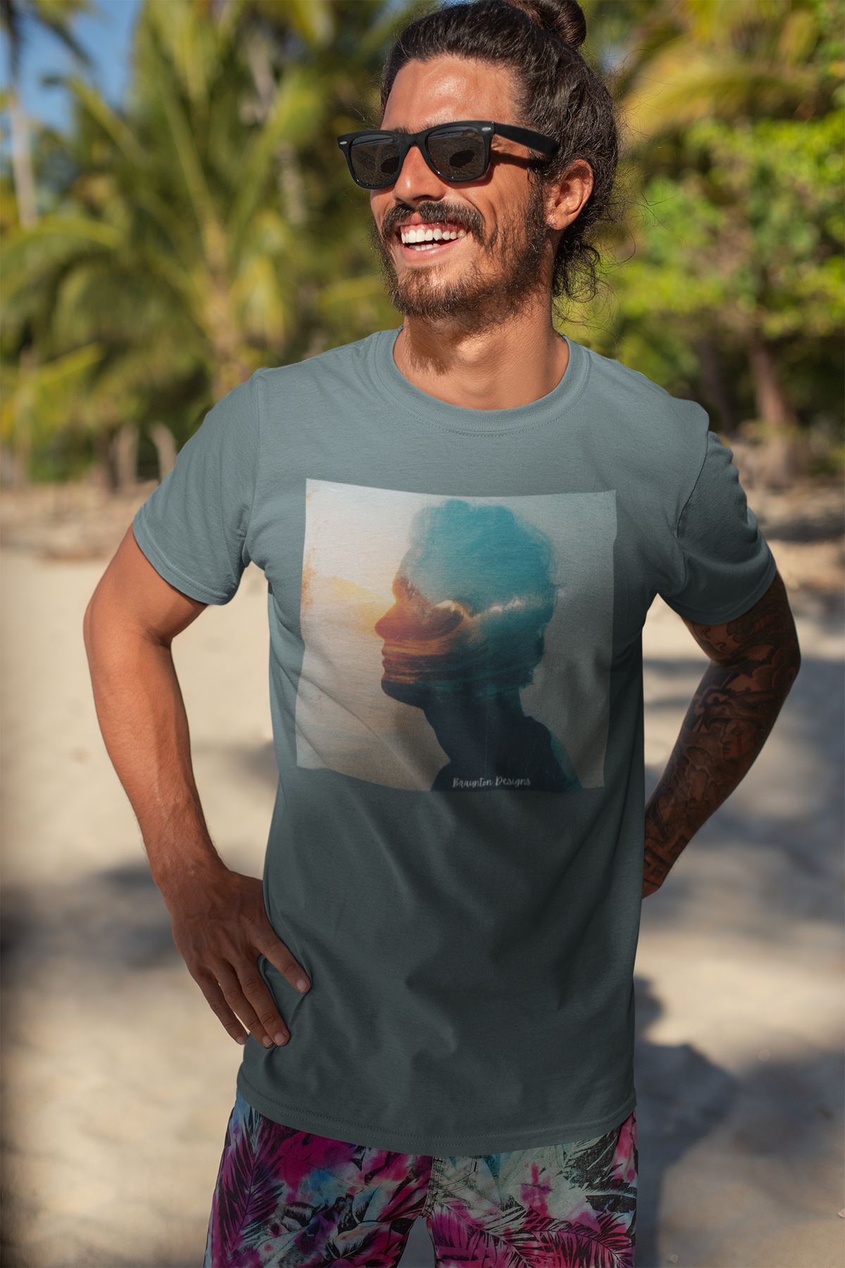 Surfer Double Exposure Tee — Ocean Sunset Silhouette T-Shirt